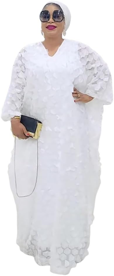 HD Afircan Women Applique Flower Dress Boat Neck Caftan Chiffon Gown One Size
