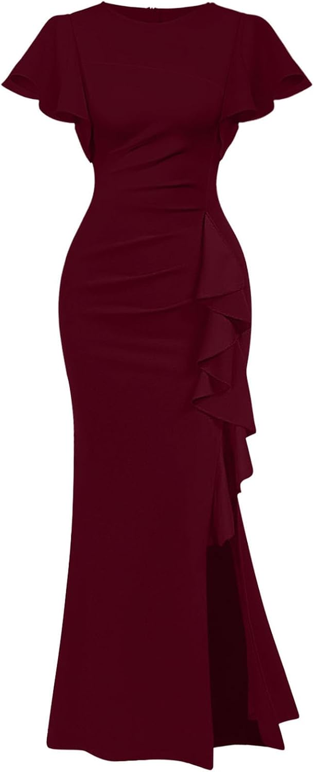 Memoriesea Women's Elegant High Split Ruched Bodycon Mermaid Evening Cocktail Maxi Dress