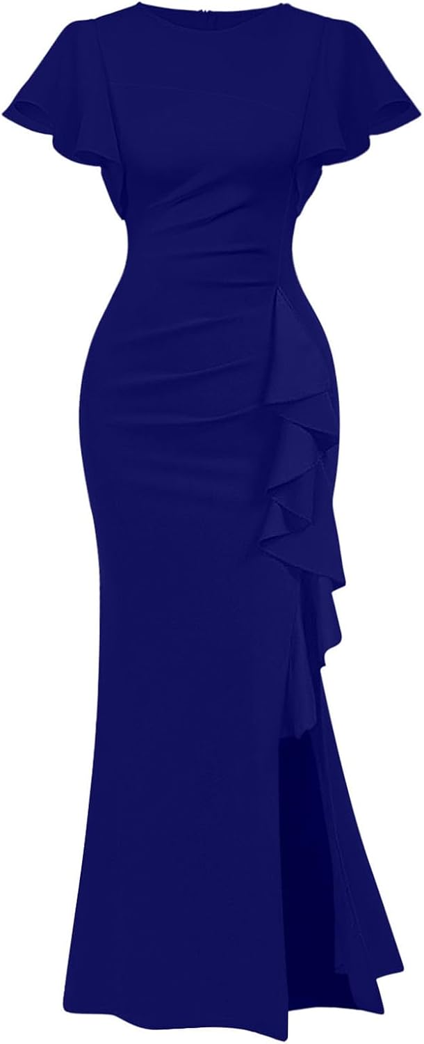Memoriesea Women's Elegant High Split Ruched Bodycon Mermaid Evening Cocktail Maxi Dress