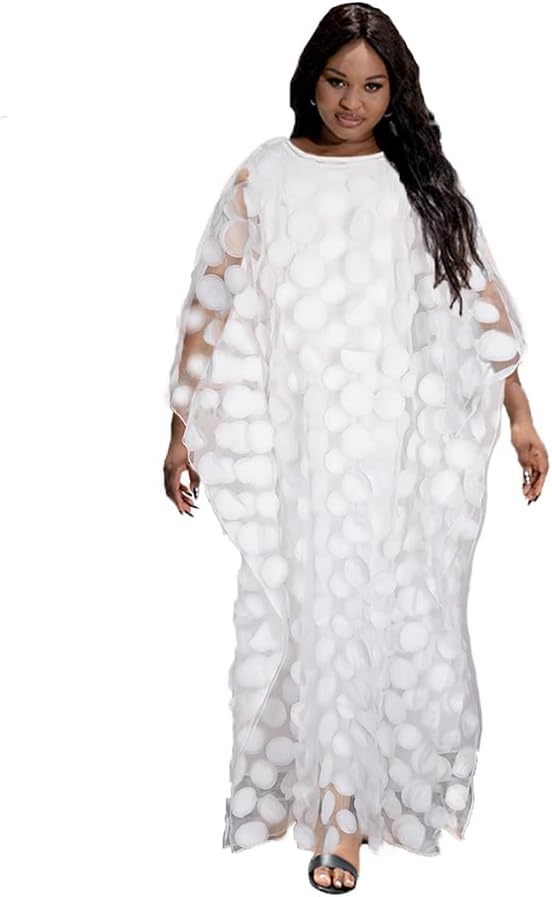 HD Afircan Women Applique Flower Dress Boat Neck Caftan Chiffon Gown One Size