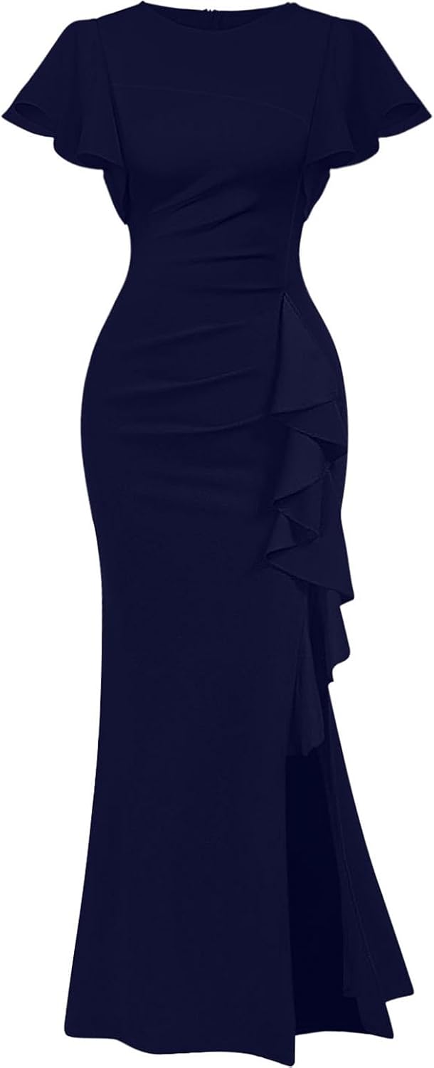 Memoriesea Women's Elegant High Split Ruched Bodycon Mermaid Evening Cocktail Maxi Dress
