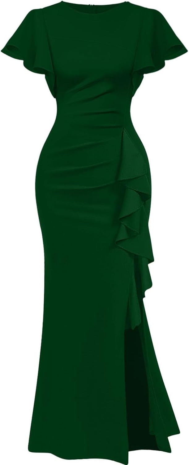 Memoriesea Women's Elegant High Split Ruched Bodycon Mermaid Evening Cocktail Maxi Dress