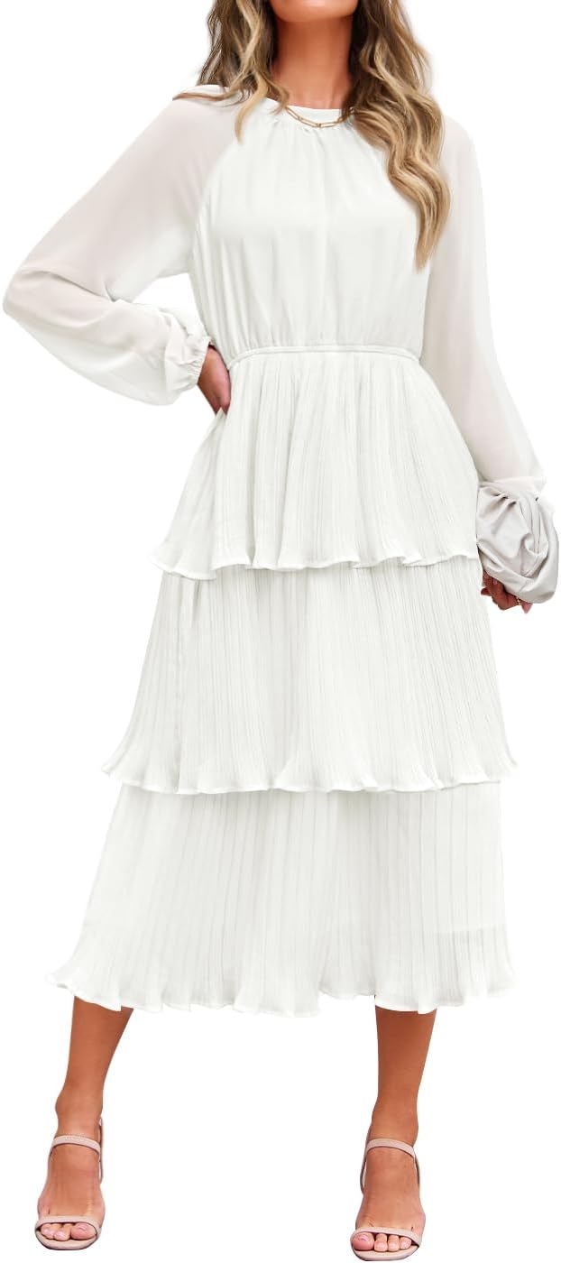 ZESICA Women's 2026 Chiffon Tiered Long Sleeve Dresses | Fall Wedding Guest, Elegant, Modest, Crew Neck, Ruffle, Pleated, Layered, Flowy, Formal Midi Dress