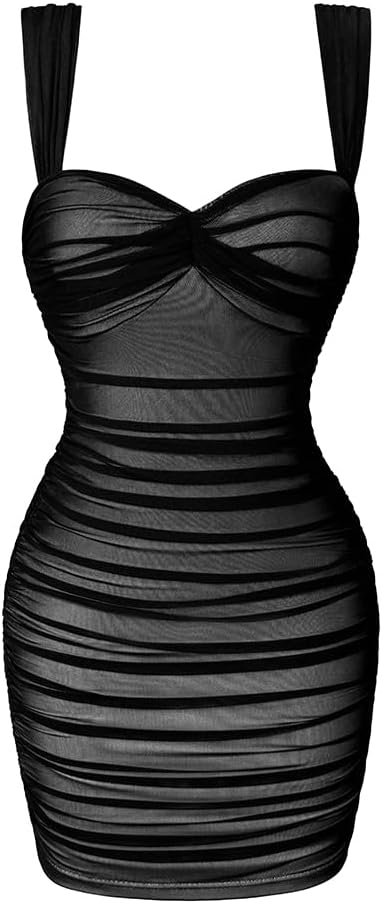 LAGSHIAN Women Square Neck Sleeveless Bodycon Ruched Mini Dress | Summer,Sexy,Tank Straps,Mesh,Club Party,Stretchy,Color Blocking,Off Shoulder,Slim Fit,Sweetheart Neck,Date,