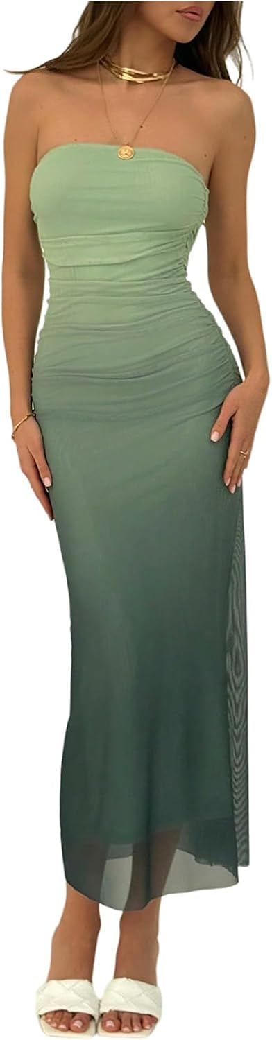 GORGLITTER Women's Sunset Ombre Strapless Cocktail Bridal Shower Midi Dress | Orange Wedding Guest Dress, Mesh Tube Dresses, Bridesmaid Sundresses, Vacation Beach Outfits