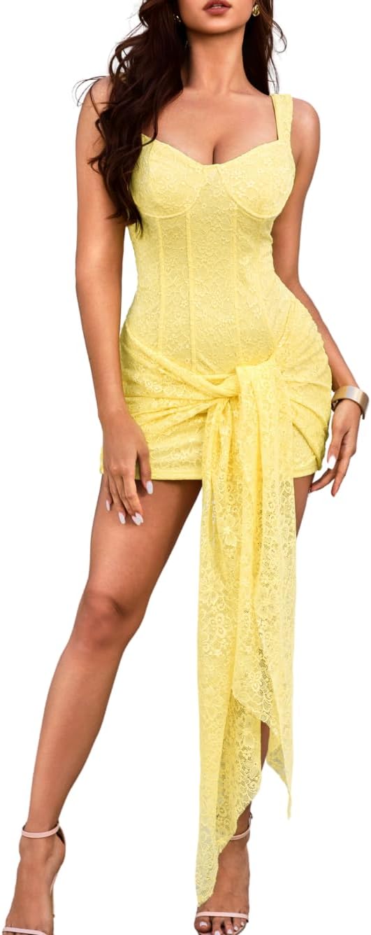 ChiaoLezhee Women's Sexy Lace Corset Mini Dress Bodycon with Tie-Waist | Floral Lace | Fully Lined | Opaque & Soft | Perfect for: Clubbing, Birthday, Date Nights, Concerts