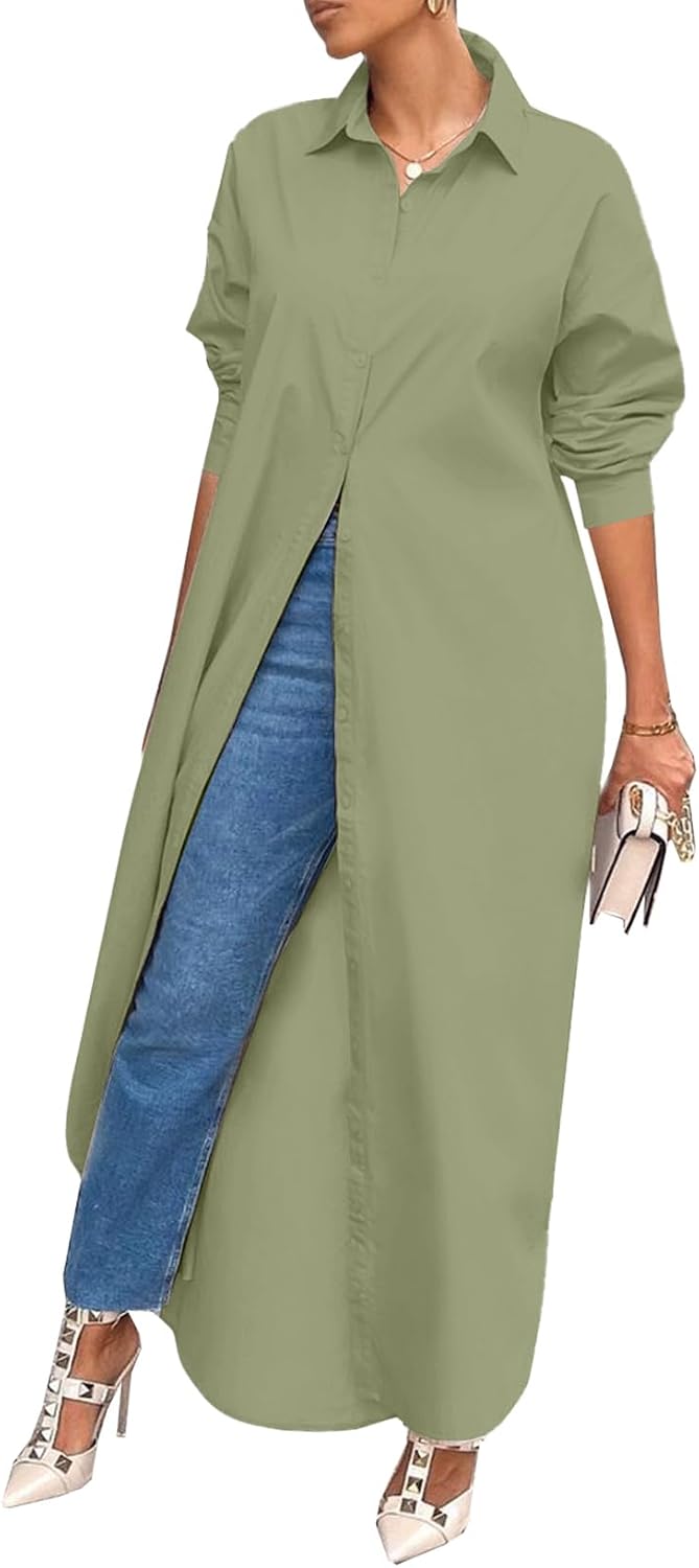 Shirt Dresses for Women Casual Long Sleeve Cotton Button Down Maxi Dresses | Oversized,Solid Color,Loose Fit,Plus Size,Long Shirts,Button Down Dress
