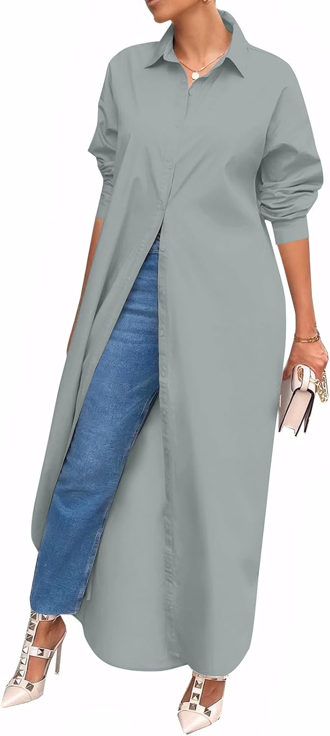 Shirt Dresses for Women Casual Long Sleeve Cotton Button Down Maxi Dresses | Oversized,Solid Color,Loose Fit,Plus Size,Long Shirts,Button Down Dress