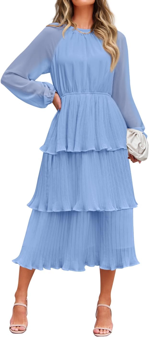ZESICA Women's 2026 Chiffon Tiered Long Sleeve Dresses | Fall Wedding Guest, Elegant, Modest, Crew Neck, Ruffle, Pleated, Layered, Flowy, Formal Midi Dress