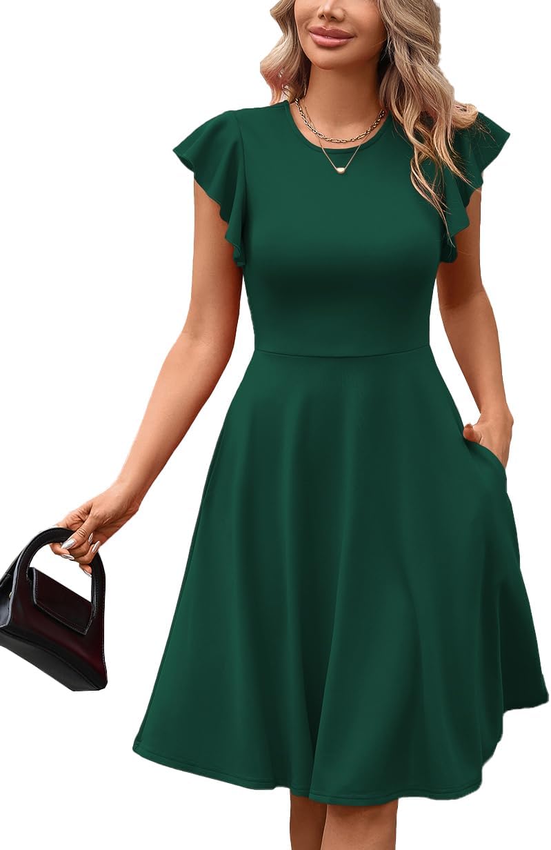 MSLG Women's Fit and Flare Ruffle Short Sleeves Dresses Work V-Back Cocktail Semi Formal A Line Dress with Pockets 842
