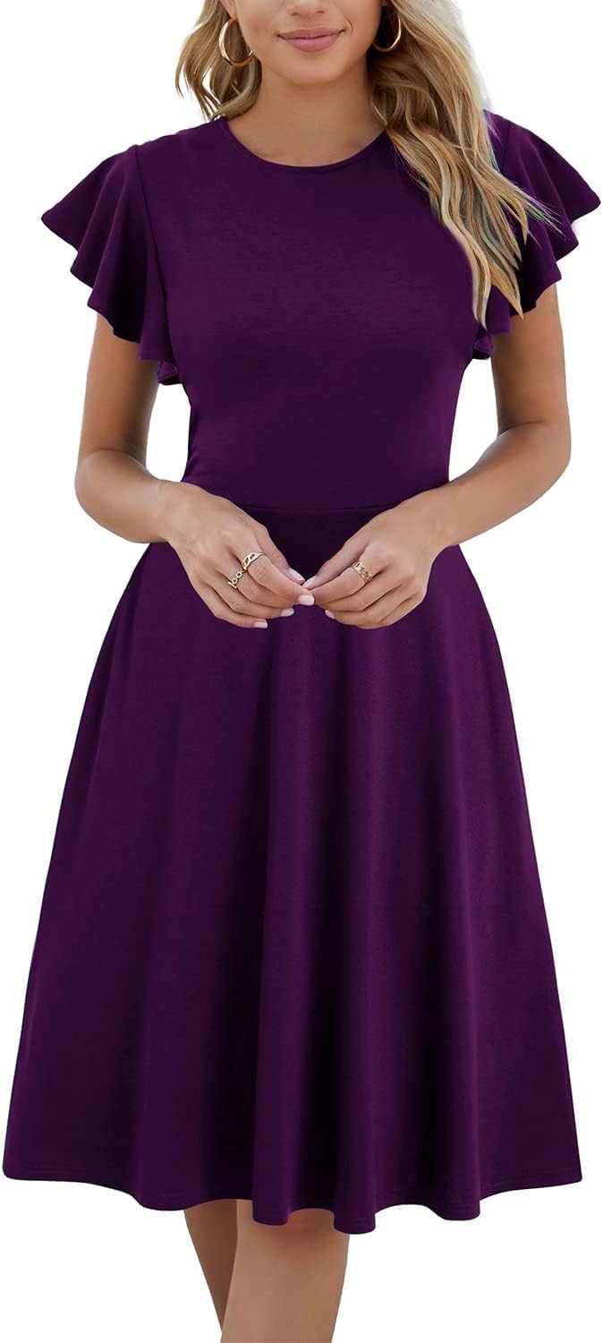 MSLG Women's Fit and Flare Ruffle Short Sleeves Dresses Work V-Back Cocktail Semi Formal A Line Dress with Pockets 842
