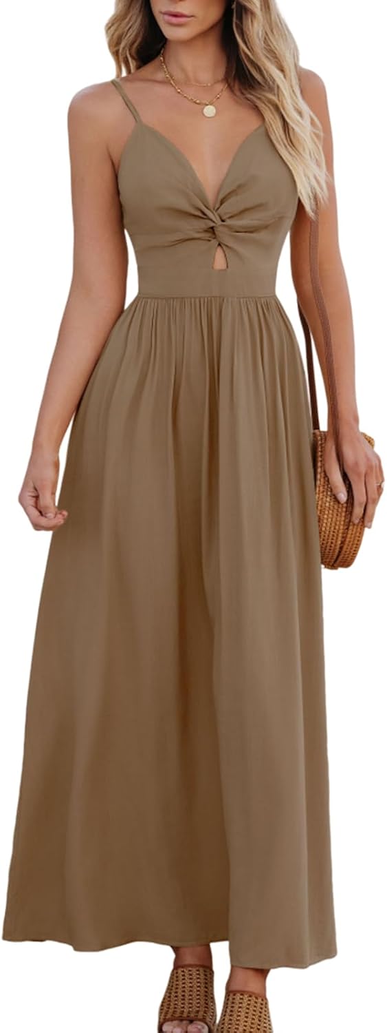 CUPSHE Women's V Neck Twisted Pleated Cutout Backless Formal Maxi Dress | Sleeveless, Self Tie Back, Adjustable Spaghetti Straps, Open Back, Casual Flowy Long Skirt, Summer Beach Resort Sundress