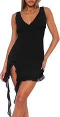 MIYIEONZ Women Summer Mini Dress Formal Short Wedding Guest Dresses | Mesh,Sleeveless,V neck,Backless,Hight Slit,Ruffle,Bodycon Short Dress,Flowy Y2k,Spring,Cocktail Club Sunset Going Out Outfits