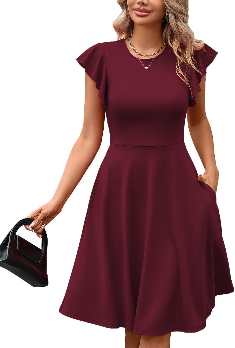 MSLG Women's Fit and Flare Ruffle Short Sleeves Dresses Work V-Back Cocktail Semi Formal A Line Dress with Pockets 842