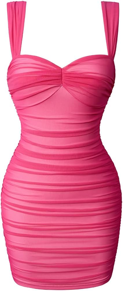 LAGSHIAN Women Square Neck Sleeveless Bodycon Ruched Mini Dress | Summer,Sexy,Tank Straps,Mesh,Club Party,Stretchy,Color Blocking,Off Shoulder,Slim Fit,Sweetheart Neck,Date,