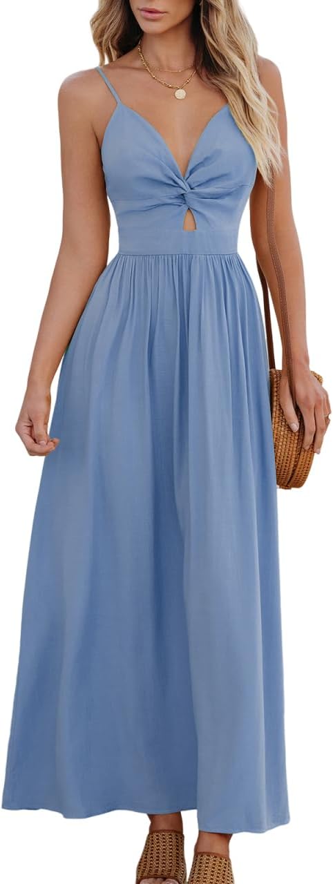 CUPSHE Women's V Neck Twisted Pleated Cutout Backless Formal Maxi Dress | Sleeveless, Self Tie Back, Adjustable Spaghetti Straps, Open Back, Casual Flowy Long Skirt, Summer Beach Resort Sundress