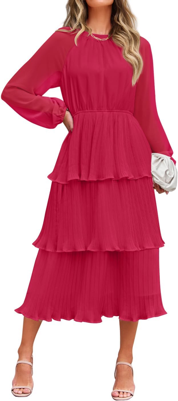 ZESICA Women's 2026 Chiffon Tiered Long Sleeve Dresses | Fall Wedding Guest, Elegant, Modest, Crew Neck, Ruffle, Pleated, Layered, Flowy, Formal Midi Dress