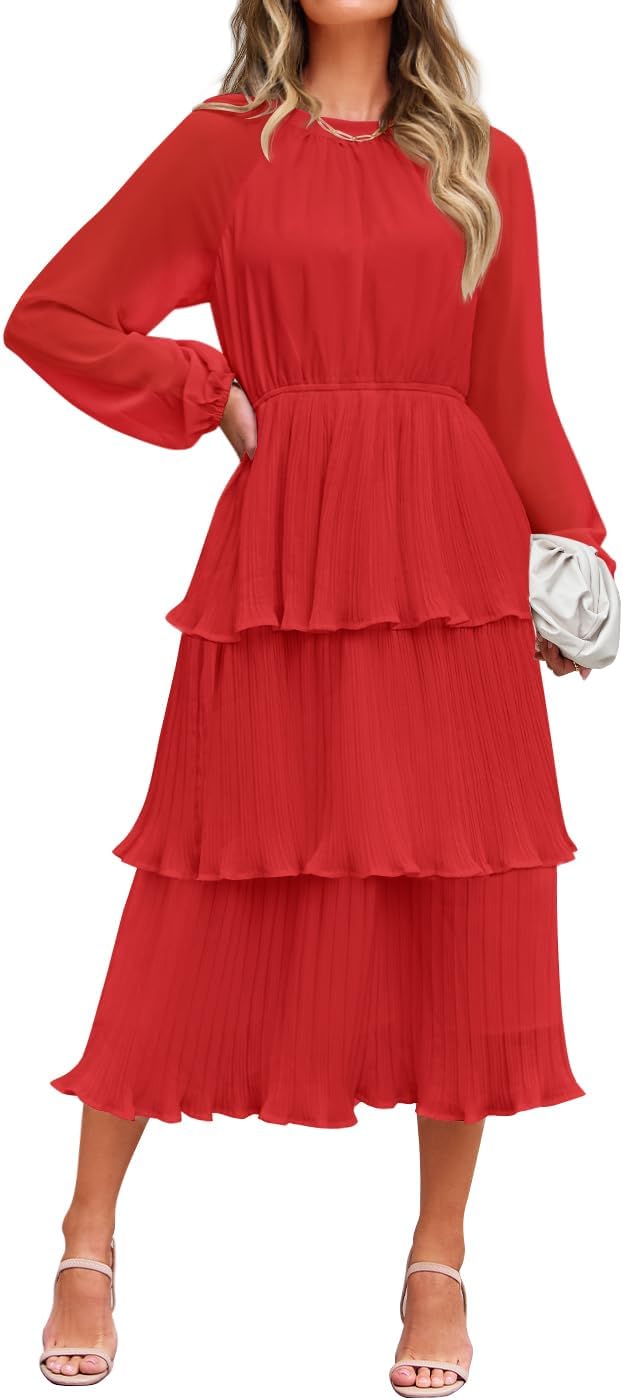 ZESICA Women's 2026 Chiffon Tiered Long Sleeve Dresses | Fall Wedding Guest, Elegant, Modest, Crew Neck, Ruffle, Pleated, Layered, Flowy, Formal Midi Dress