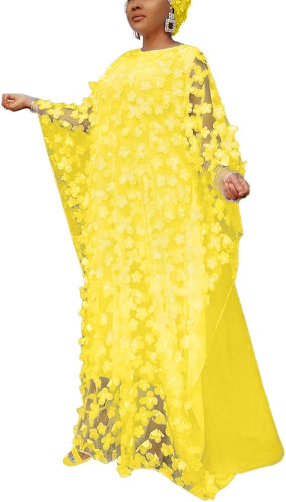 HD Afircan Women Applique Flower Dress Boat Neck Caftan Chiffon Gown One Size
