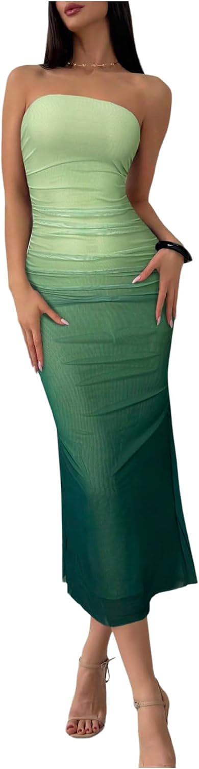 GORGLITTER Women's Sunset Ombre Strapless Cocktail Bridal Shower Midi Dress | Orange Wedding Guest Dress, Mesh Tube Dresses, Bridesmaid Sundresses, Vacation Beach Outfits