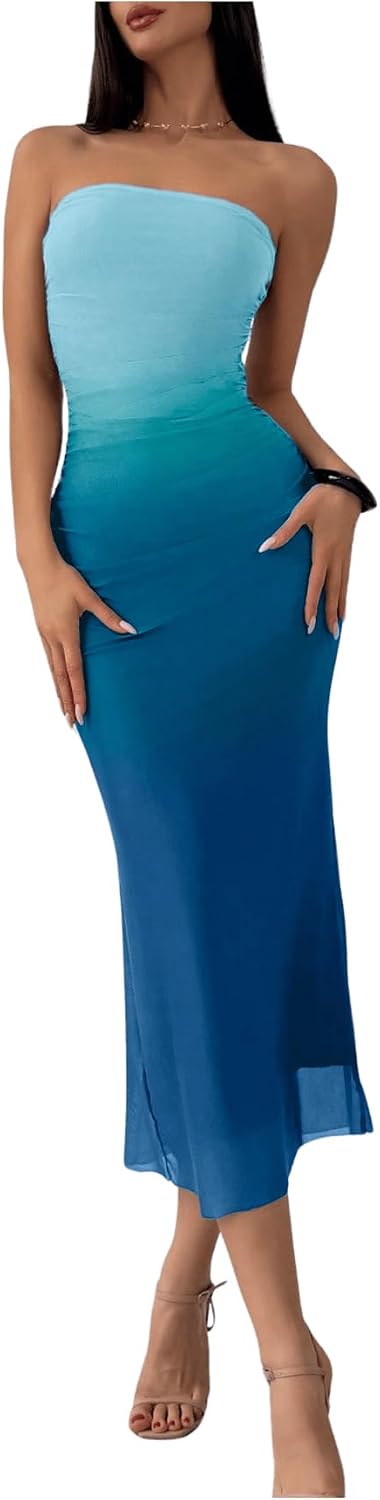 GORGLITTER Women's Sunset Ombre Strapless Cocktail Bridal Shower Midi Dress | Orange Wedding Guest Dress, Mesh Tube Dresses, Bridesmaid Sundresses, Vacation Beach Outfits