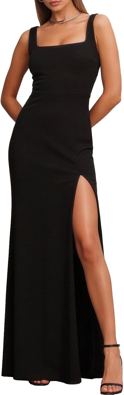 Lyrur Women's Square Neck Sleeveless High Slit Wedding Guest Maxi Dress | Formal Bodycon Floor-Length Style for Black Tie Events, Bridesmaids, Evening Parties, Galas and Elegant Dinners