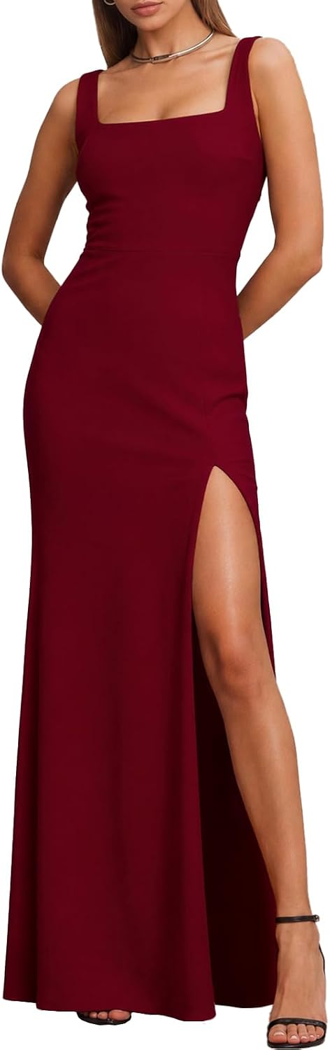 Lyrur Women's Square Neck Sleeveless High Slit Wedding Guest Maxi Dress | Formal Bodycon Floor-Length Style for Black Tie Events, Bridesmaids, Evening Parties, Galas and Elegant Dinners