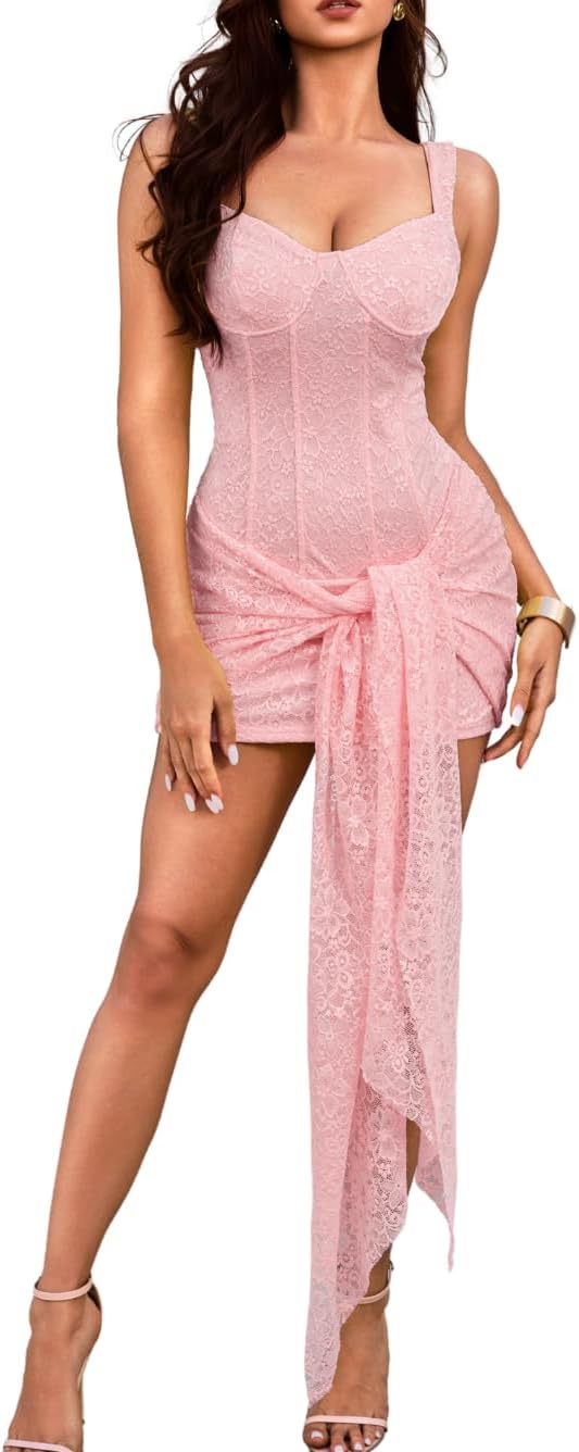ChiaoLezhee Women's Sexy Lace Corset Mini Dress Bodycon with Tie-Waist | Floral Lace | Fully Lined | Opaque & Soft | Perfect for: Clubbing, Birthday, Date Nights, Concerts