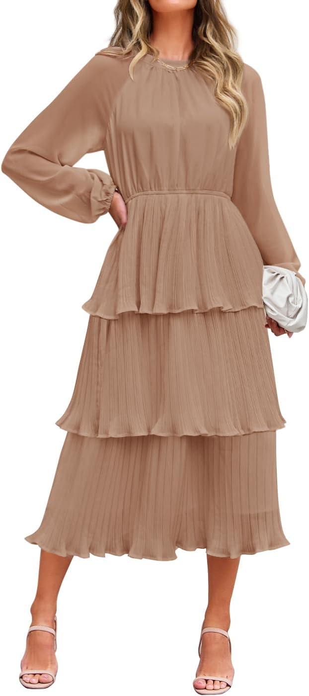 ZESICA Women's 2026 Chiffon Tiered Long Sleeve Dresses | Fall Wedding Guest, Elegant, Modest, Crew Neck, Ruffle, Pleated, Layered, Flowy, Formal Midi Dress