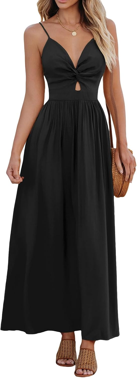 CUPSHE Women's V Neck Twisted Pleated Cutout Backless Formal Maxi Dress | Sleeveless, Self Tie Back, Adjustable Spaghetti Straps, Open Back, Casual Flowy Long Skirt, Summer Beach Resort Sundress