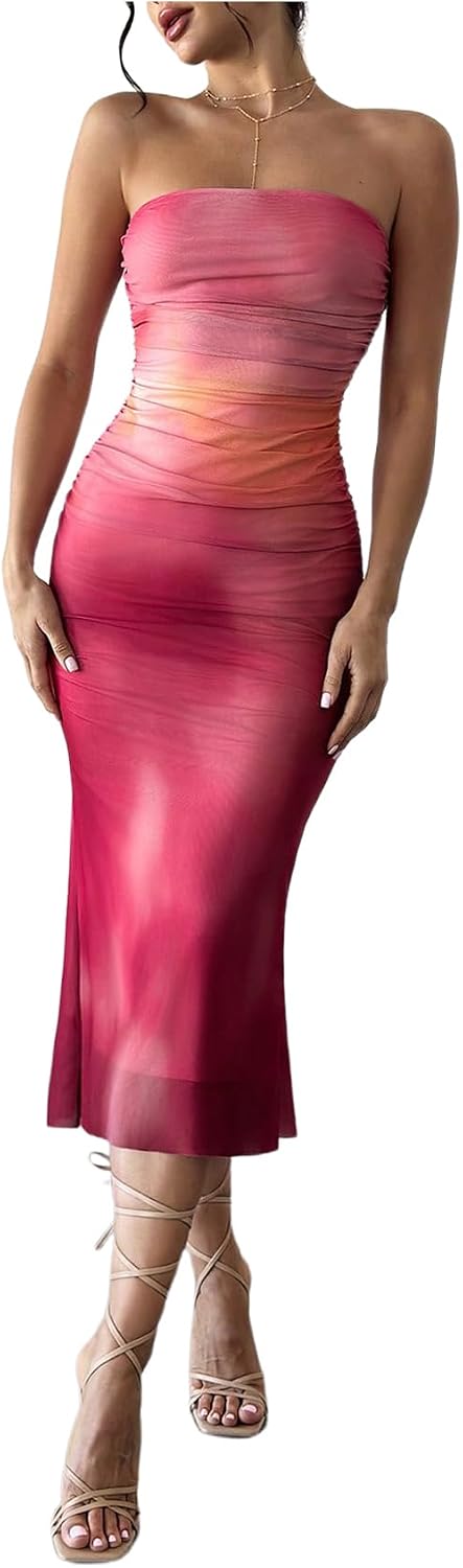 GORGLITTER Women's Sunset Ombre Strapless Cocktail Bridal Shower Midi Dress | Orange Wedding Guest Dress, Mesh Tube Dresses, Bridesmaid Sundresses, Vacation Beach Outfits