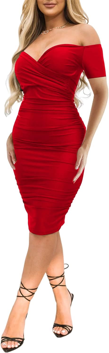 Ekaliy Women's Sexy Off The Shoulder Midi Dress Ruched Bodycon Dresses | Stretchy fabric,off shoulder,bodycon,short sleeve,ruched midi dress hugs curves for formal occasions