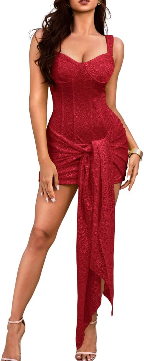 ChiaoLezhee Women's Sexy Lace Corset Mini Dress Bodycon with Tie-Waist | Floral Lace | Fully Lined | Opaque & Soft | Perfect for: Clubbing, Birthday, Date Nights, Concerts