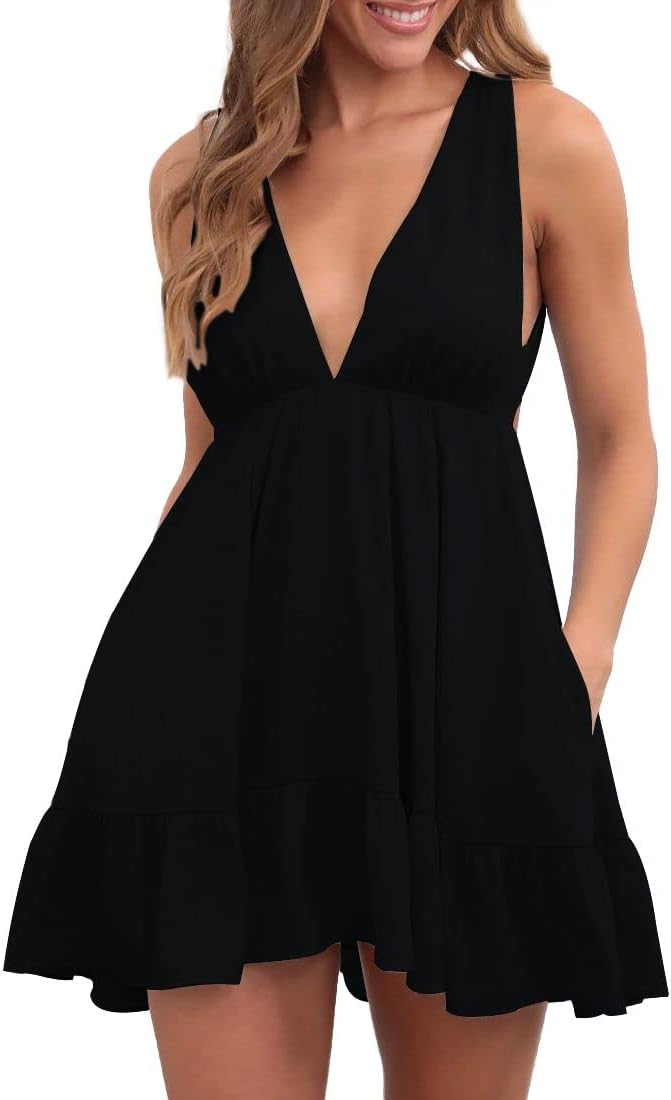Womens Summer Mini Dress Deep V-Neck Ruffle Flowy Backless Short Dresses | Strap, Loose, Solid, Sundress, Babydoll, Beach, Vacation, Country Concert, Dresses with Pockets
