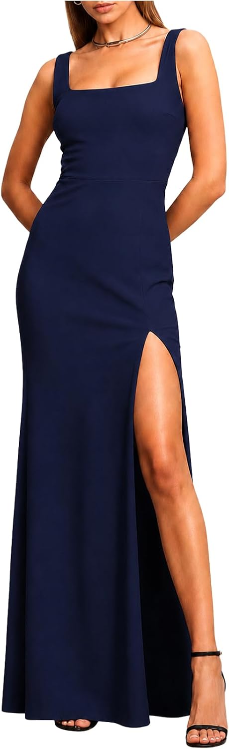 Lyrur Women's Square Neck Sleeveless High Slit Wedding Guest Maxi Dress | Formal Bodycon Floor-Length Style for Black Tie Events, Bridesmaids, Evening Parties, Galas and Elegant Dinners