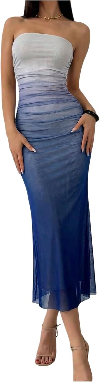 GORGLITTER Women's Sunset Ombre Strapless Cocktail Bridal Shower Midi Dress | Orange Wedding Guest Dress, Mesh Tube Dresses, Bridesmaid Sundresses, Vacation Beach Outfits