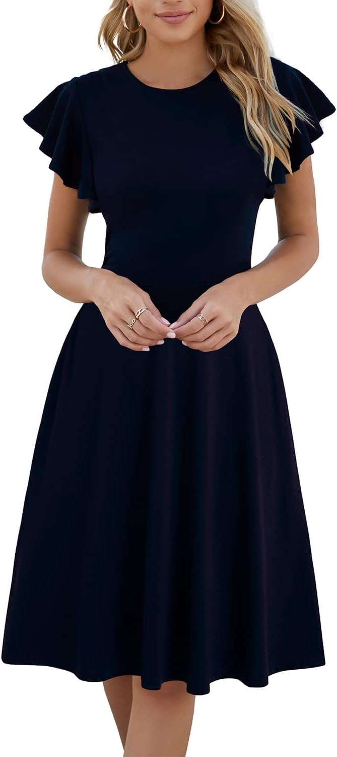 MSLG Women's Fit and Flare Ruffle Short Sleeves Dresses Work V-Back Cocktail Semi Formal A Line Dress with Pockets 842
