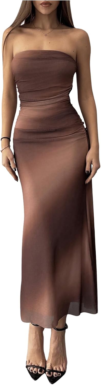 GORGLITTER Women's Sunset Ombre Strapless Cocktail Bridal Shower Midi Dress | Orange Wedding Guest Dress, Mesh Tube Dresses, Bridesmaid Sundresses, Vacation Beach Outfits