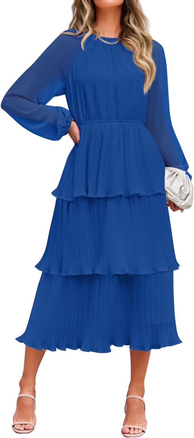 ZESICA Women's 2026 Chiffon Tiered Long Sleeve Dresses | Fall Wedding Guest, Elegant, Modest, Crew Neck, Ruffle, Pleated, Layered, Flowy, Formal Midi Dress