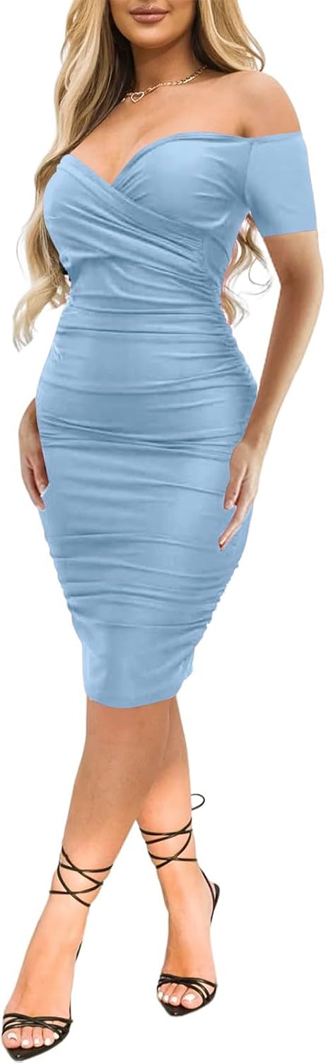 Ekaliy Women's Sexy Off The Shoulder Midi Dress Ruched Bodycon Dresses | Stretchy fabric,off shoulder,bodycon,short sleeve,ruched midi dress hugs curves for formal occasions