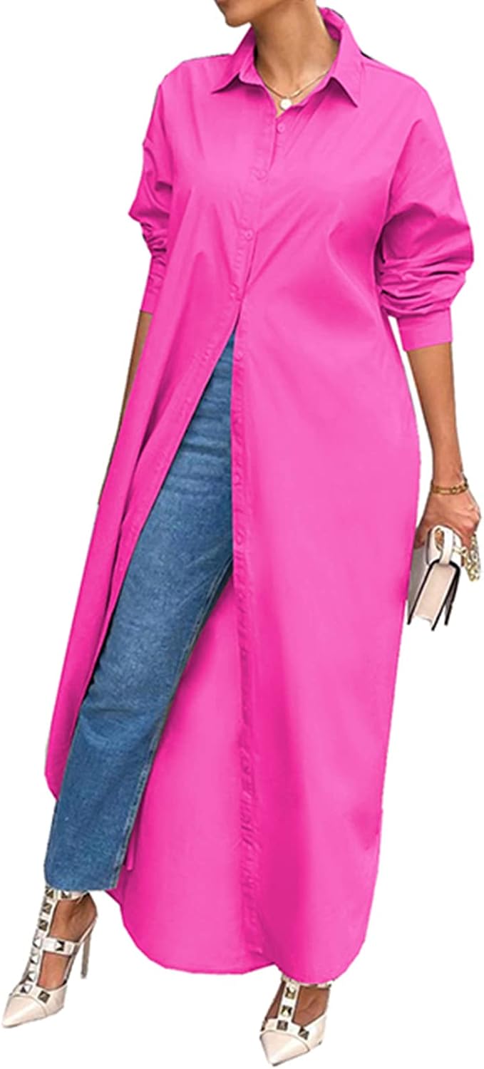 Shirt Dresses for Women Casual Long Sleeve Cotton Button Down Maxi Dresses | Oversized,Solid Color,Loose Fit,Plus Size,Long Shirts,Button Down Dress