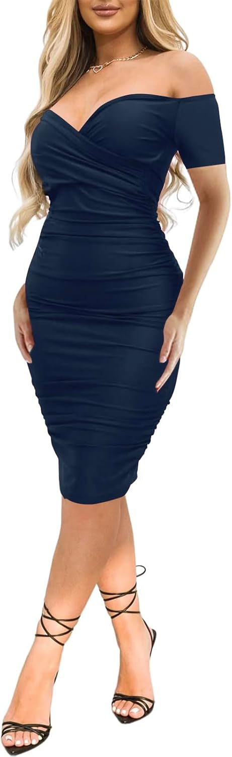 Ekaliy Women's Sexy Off The Shoulder Midi Dress Ruched Bodycon Dresses | Stretchy fabric,off shoulder,bodycon,short sleeve,ruched midi dress hugs curves for formal occasions