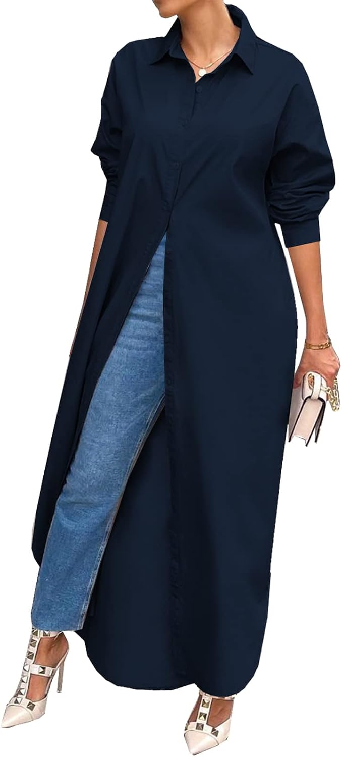 Shirt Dresses for Women Casual Long Sleeve Cotton Button Down Maxi Dresses | Oversized,Solid Color,Loose Fit,Plus Size,Long Shirts,Button Down Dress