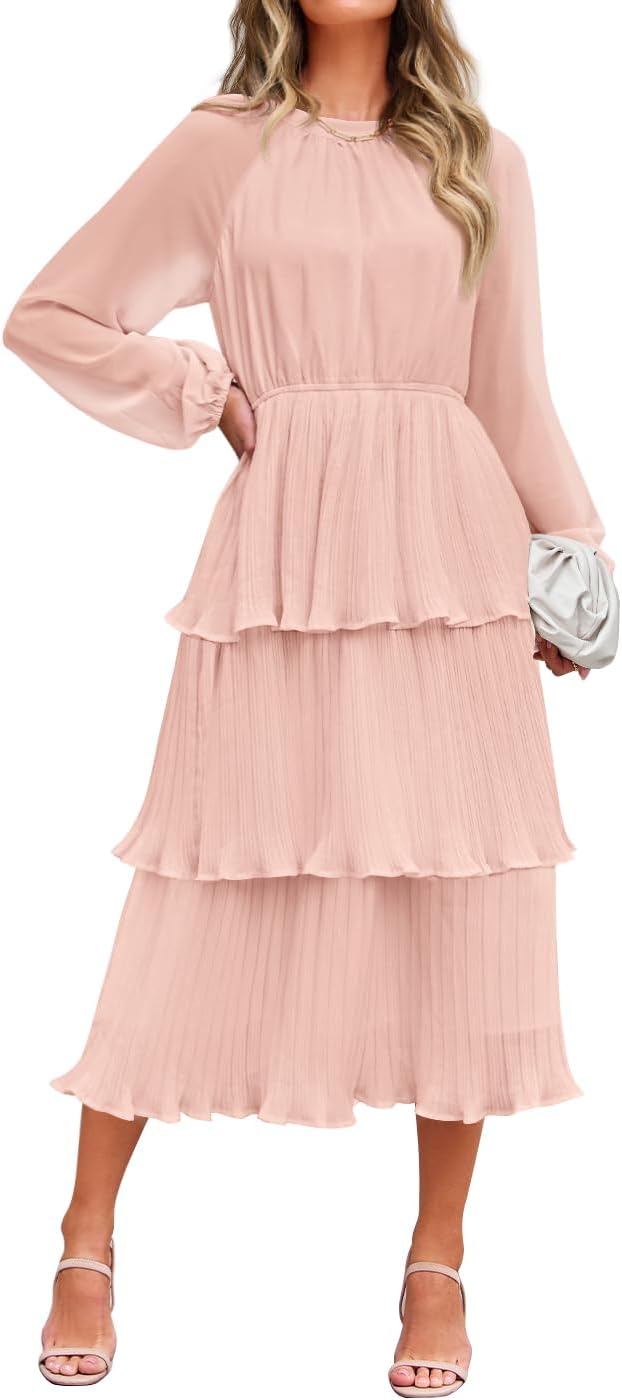 ZESICA Women's 2026 Chiffon Tiered Long Sleeve Dresses | Fall Wedding Guest, Elegant, Modest, Crew Neck, Ruffle, Pleated, Layered, Flowy, Formal Midi Dress