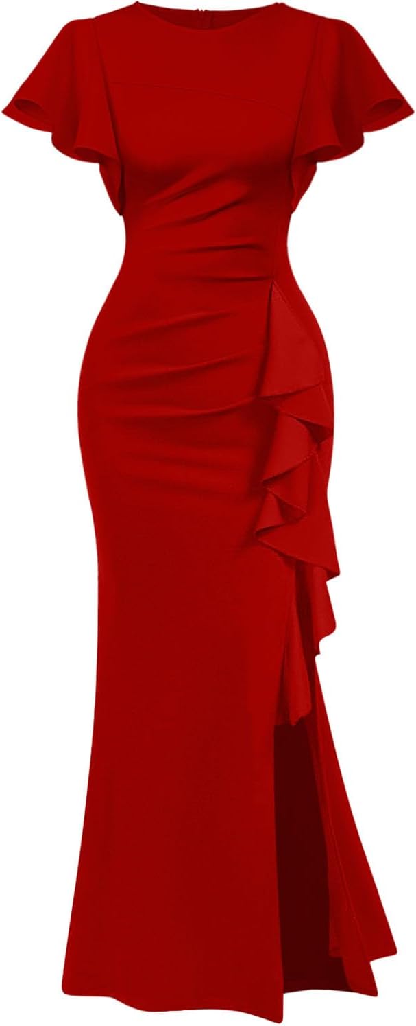 Memoriesea Women's Elegant High Split Ruched Bodycon Mermaid Evening Cocktail Maxi Dress