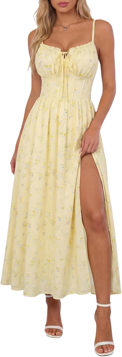 Scarlet Darkness Wedding Guest Dresses for Women Floral Corset Sundress | V Neck, Slit, with Pockets, for Summer, Tea Party, Graduation, Casual
