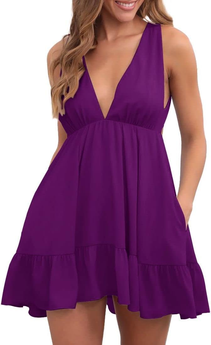 Womens Summer Mini Dress Deep V-Neck Ruffle Flowy Backless Short Dresses | Strap, Loose, Solid, Sundress, Babydoll, Beach, Vacation, Country Concert, Dresses with Pockets