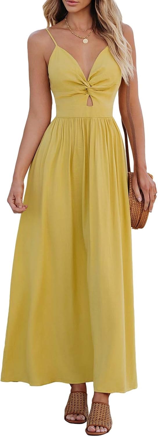 CUPSHE Women's V Neck Twisted Pleated Cutout Backless Formal Maxi Dress | Sleeveless, Self Tie Back, Adjustable Spaghetti Straps, Open Back, Casual Flowy Long Skirt, Summer Beach Resort Sundress