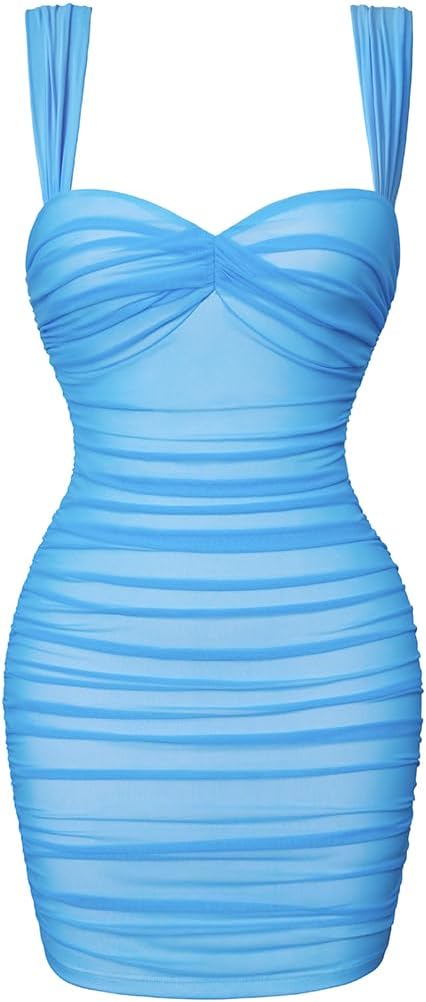 LAGSHIAN Women Square Neck Sleeveless Bodycon Ruched Mini Dress | Summer,Sexy,Tank Straps,Mesh,Club Party,Stretchy,Color Blocking,Off Shoulder,Slim Fit,Sweetheart Neck,Date,