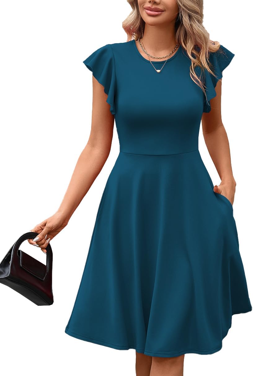 MSLG Women's Fit and Flare Ruffle Short Sleeves Dresses Work V-Back Cocktail Semi Formal A Line Dress with Pockets 842